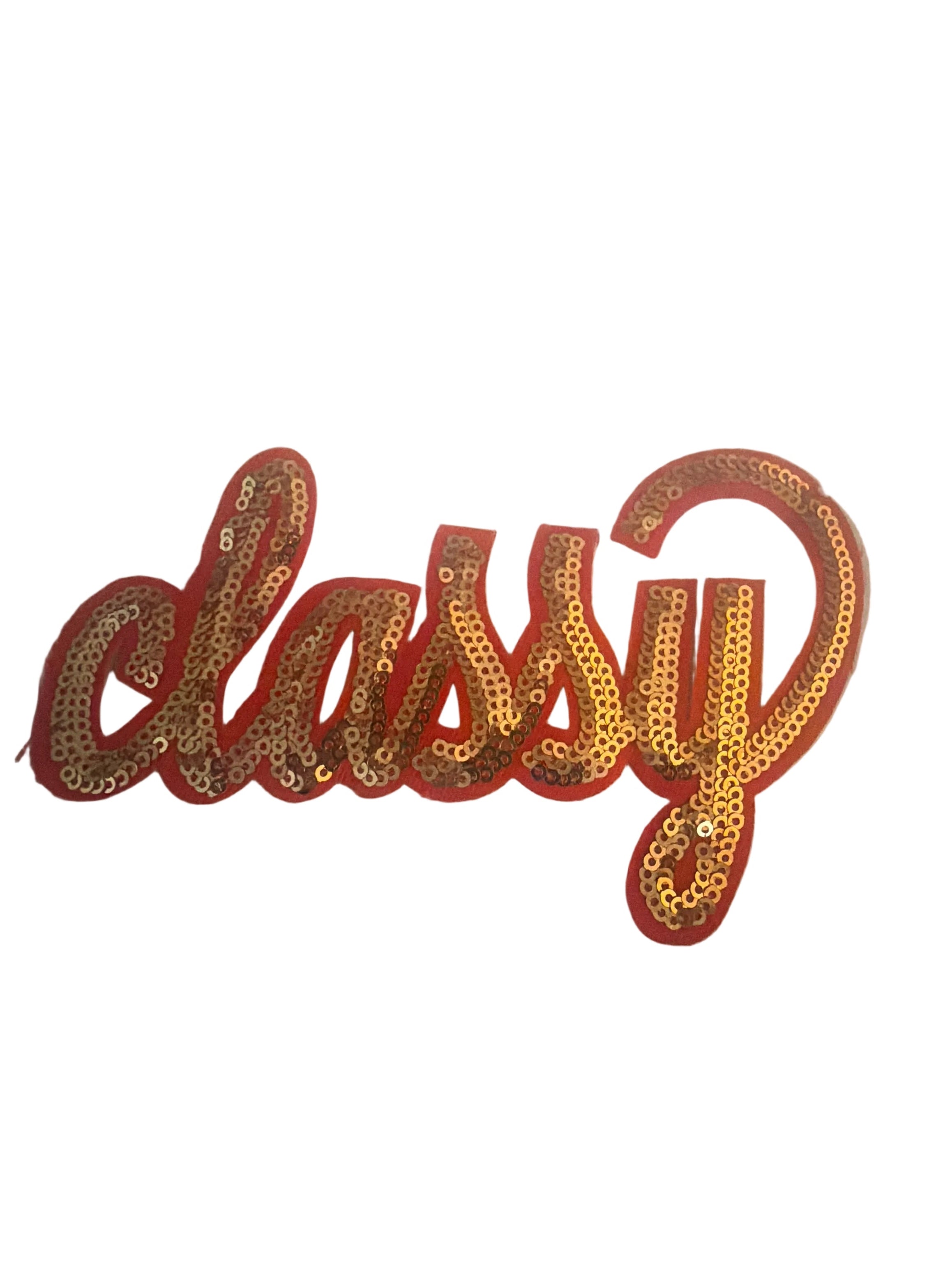 “Classy” sequined red and gold patch